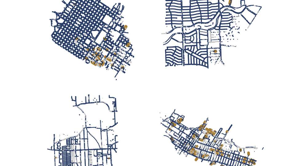 The condition of sidewalks in four Houston neighborhoods: downtown, Braeswood, Greater Uptown and Second Ward. Good sidewalks are shaded in blue. Poor sidewalks are shaded in yellow.