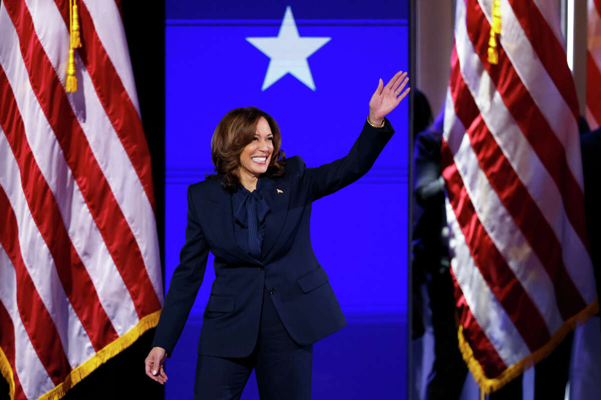 Democratic presidential nominee Vice President Kamala Harris speaks during the Democratic National Convention Thursday, Aug. 22, 2024, in Chicago.