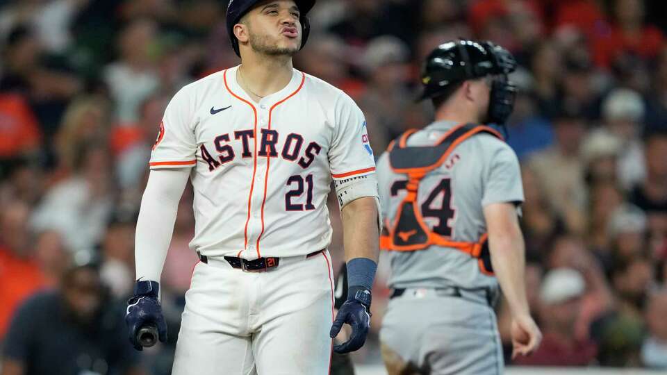 Houston Astros Yainer Diaz (21) reacts after striking out to end the sixth inning during Game 1 of the American League Wild Card Series at Minute Maid Park, Tuesday, Oct. 1, 2024, in Houston.