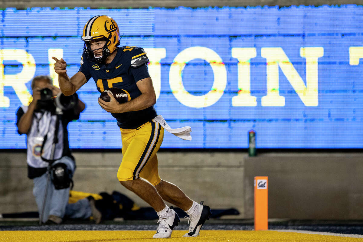 California quarterback Fernando Mendoza gestures after a rushing touchdown during the first half of his NCAA football game against San Diego State in Berkeley, Calif., Saturday, Sept. 14, 2024.