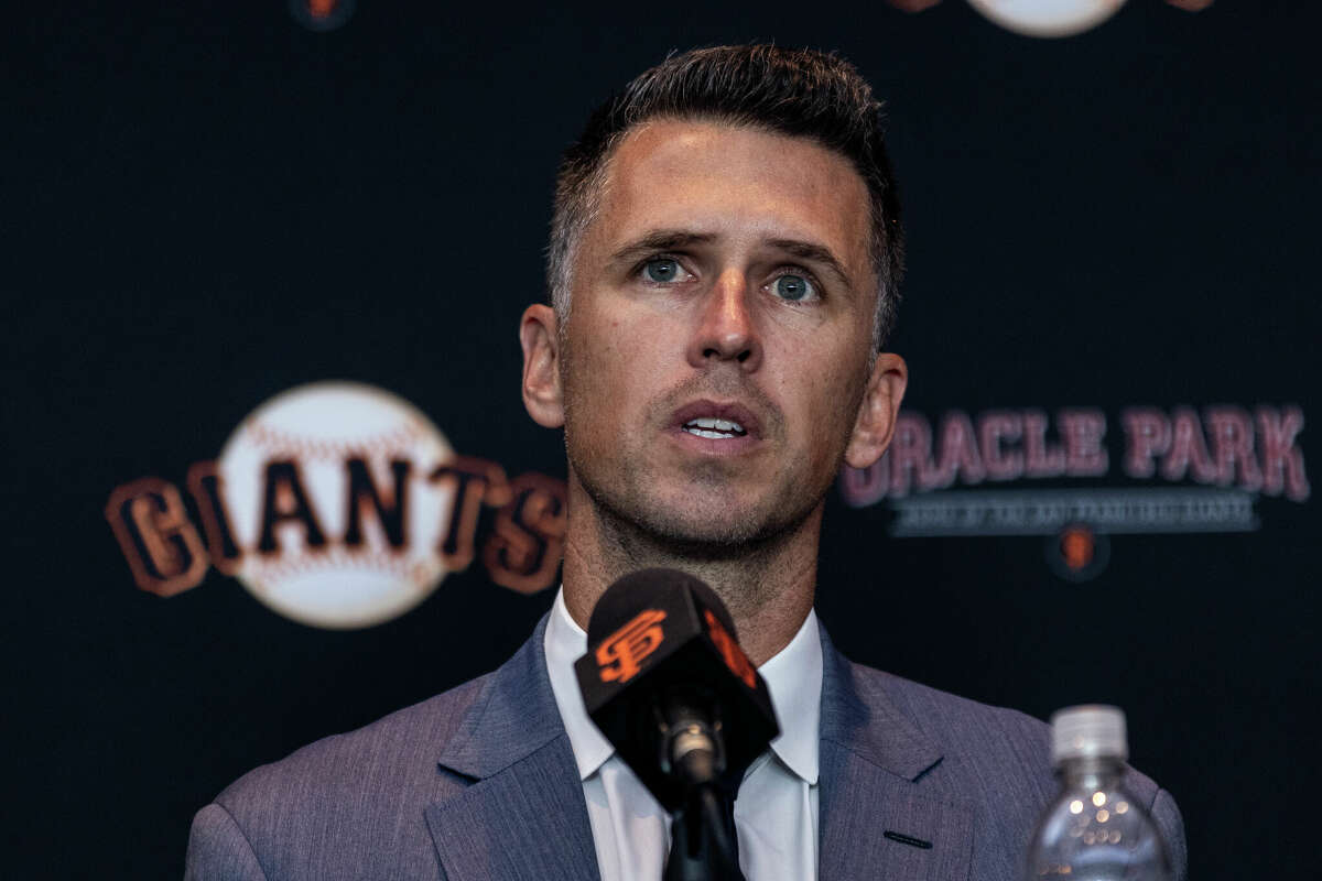 Former San Francisco Giants catcher Buster Posey speaks after a introductory press conference as the Giants' president of baseball operations in San Francisco, Tuesday, Oct. 1, 2024. (Photo by Stephen Lam/San Francisco Chronicle via Getty Images)