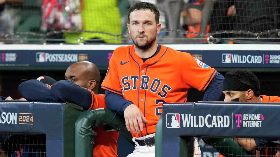 Houston Astros third baseman Alex Bregman (2) is seen in the dugout after losing to the Detroit Tigers 5-2 in Game 2 of the American League Wild Card Series at Minute Maid Park, Wednesday, Oct. 2, 2024, in Houston.