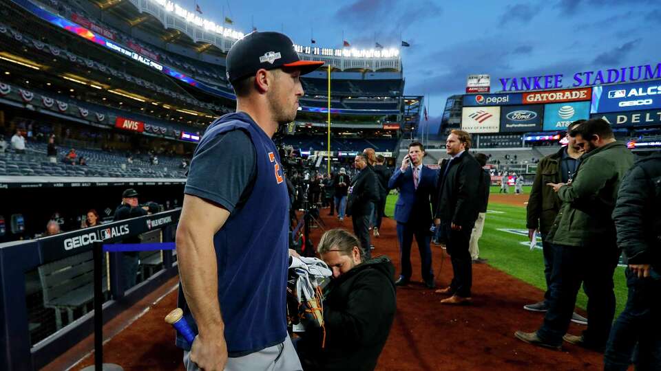 Houston Astros third baseman Alex Bregman (2) takes the field for batting practice before Game 4 of the American League Championship Series at Yankee Stadium on Thursday, Oct. 17, 2019, in New York.