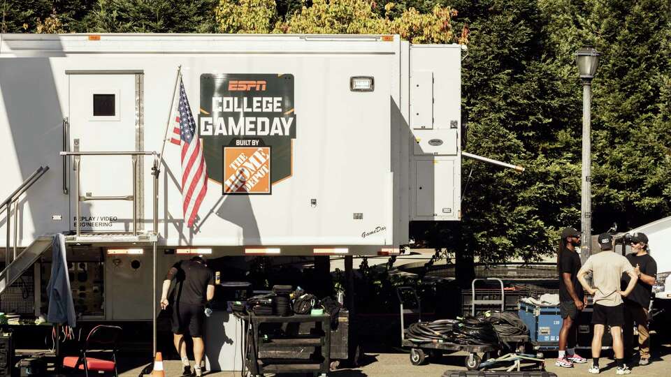 Crews construct a set at UC Berkeley’s Memorial Glade ahead of ESPN’s College GameDay show in Berkeley, Calif., Thursday, Oct. 3, 2024. The school’s football team, the California Golden Bears, will face Miami at home Saturday.