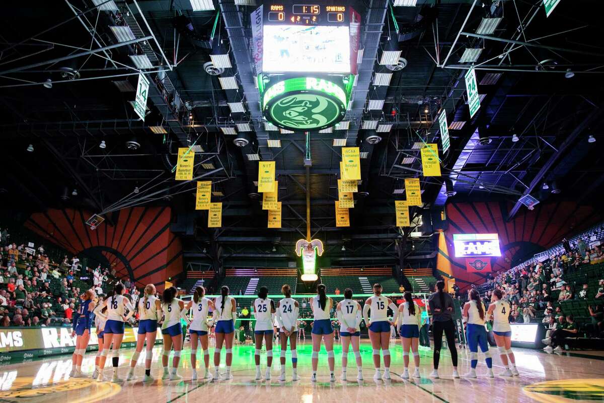 The San Jose State University Spartans line up for the playing of the national anthem and player introductions for their NCAA Mountain West women’s volleyball game against the Colorado State University Rams in Fort Collins, Colo., on Thursday, Oct. 03, 2024.