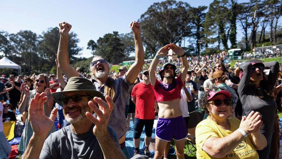 Audience dances to Ibibio Sound Machine at the Hardly Strictly Bluegrass Festival in San Francisco, California on Friday, Oct. 4, 2024.