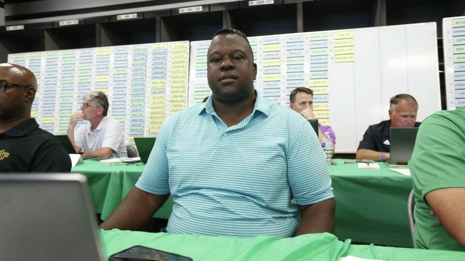 Assistant General Manager/Director of Player Personnel Billy Owens of the Oakland Athletics sits in the Athletics Draft Room on the opening day of the 2018 MLB Draft at the Oakland Alameda Coliseum on June 4, 2018 in Oakland, California.