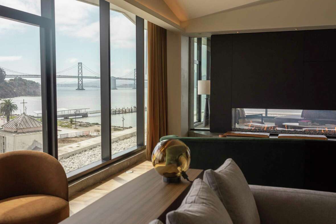 View of the Bay Bridge from the 7th floor common amenities at Isle House, the first new highrise on Treasure Island in San Francisco, Calif., Friday, Sept. 20, 2024.