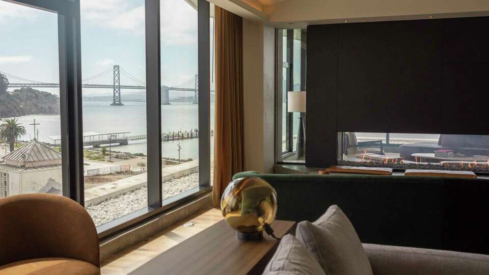 View of the Bay Bridge from the 7th floor common amenities at Isle House, the first new highrise on Treasure Island in San Francisco, Calif., Friday, Sept. 20, 2024.