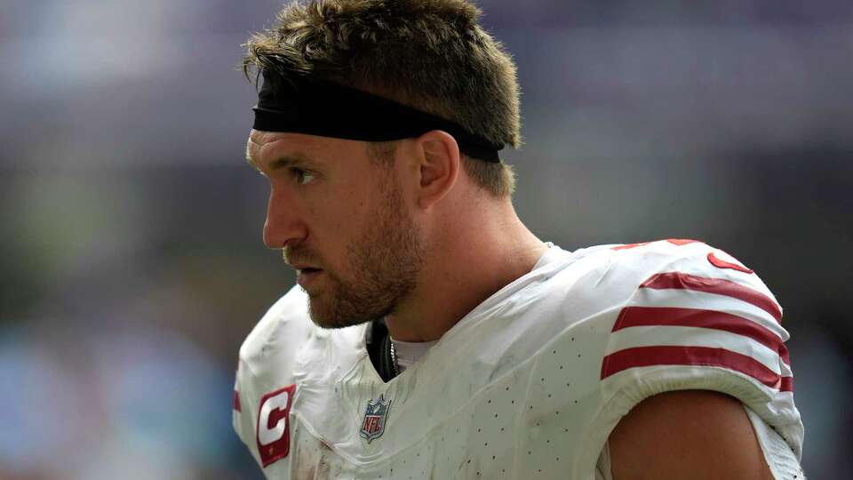 San Francisco 49ers fullback Kyle Juszczyk (44) walks across the field at halftime during an NFL football game against the Minnesota Vikings, Sunday, Sept. 15, 2024, in Minneapolis. (AP Photo/Abbie Parr)