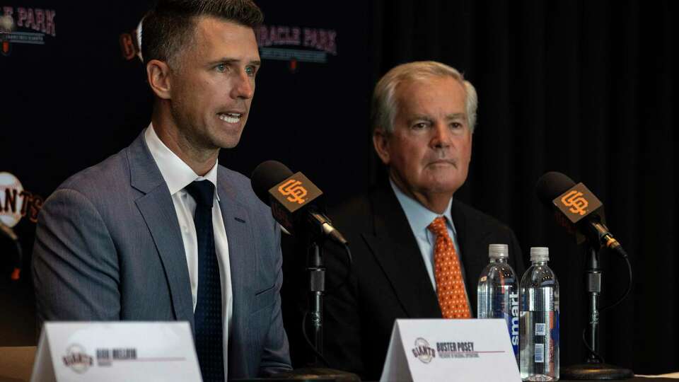 Former San Francisco Giants catcher Buster Posey speaks during a introductory press conference as the Giants’ president of baseball operations in San Francisco, Tuesday, Oct. 1, 2024.