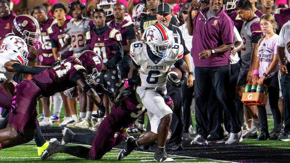 Atascocita’s Tory Blaylock (6) fights the tackle of Summer Creek’s Brandon Jones (3) in the second half of a high school football game Friday, Oct. 4, 2024 at George Turner Stadium.