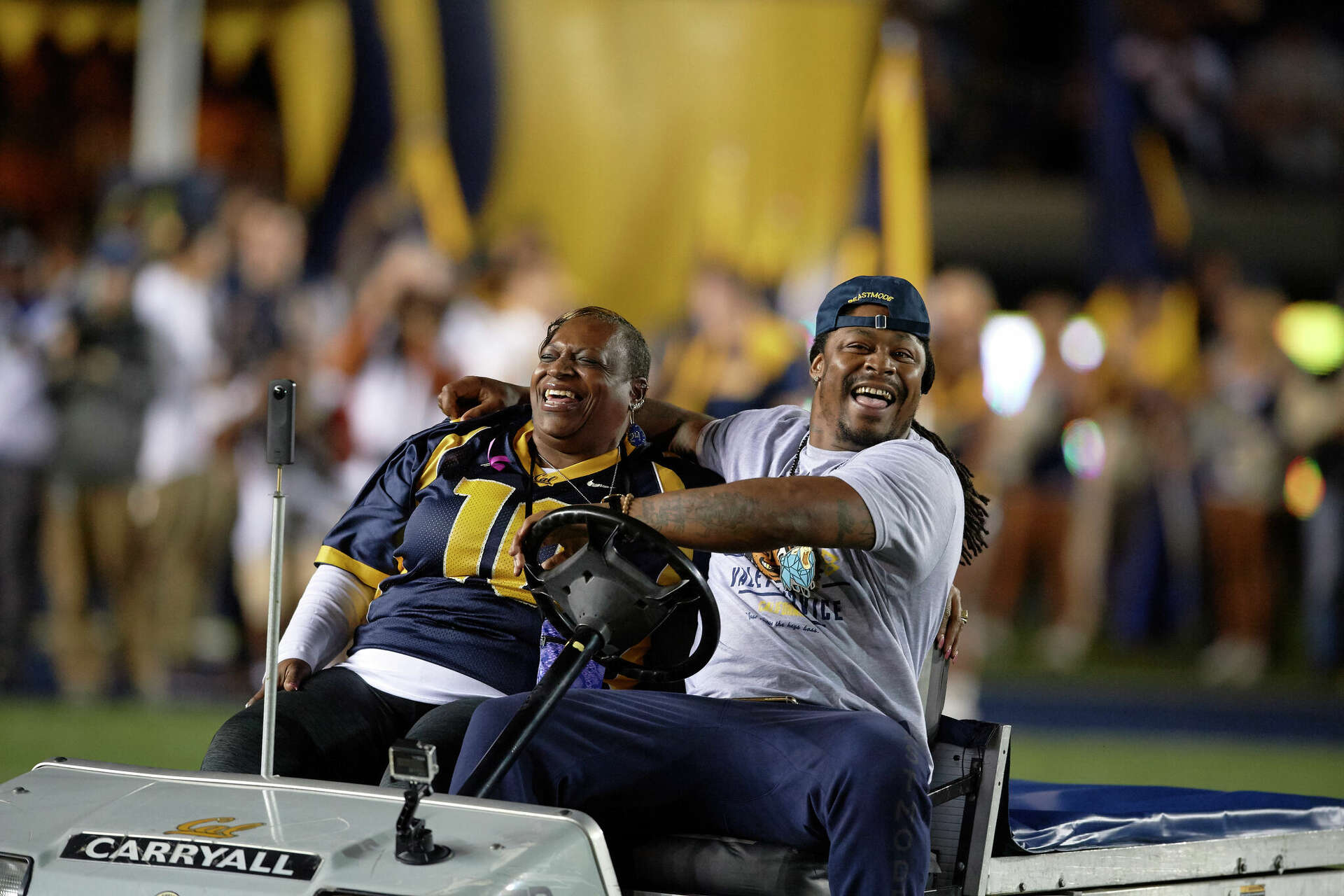 Cal's Marshawn Lynch drives a golf cart on ESPN's 'College GameDay'