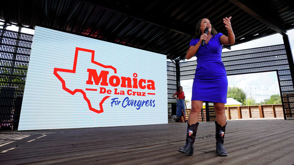 Republican Congresswoman Monica De La Cruz speaks during a rally Saturday afternoon in Seguin which featured United States House Speaker Mike Johnson.