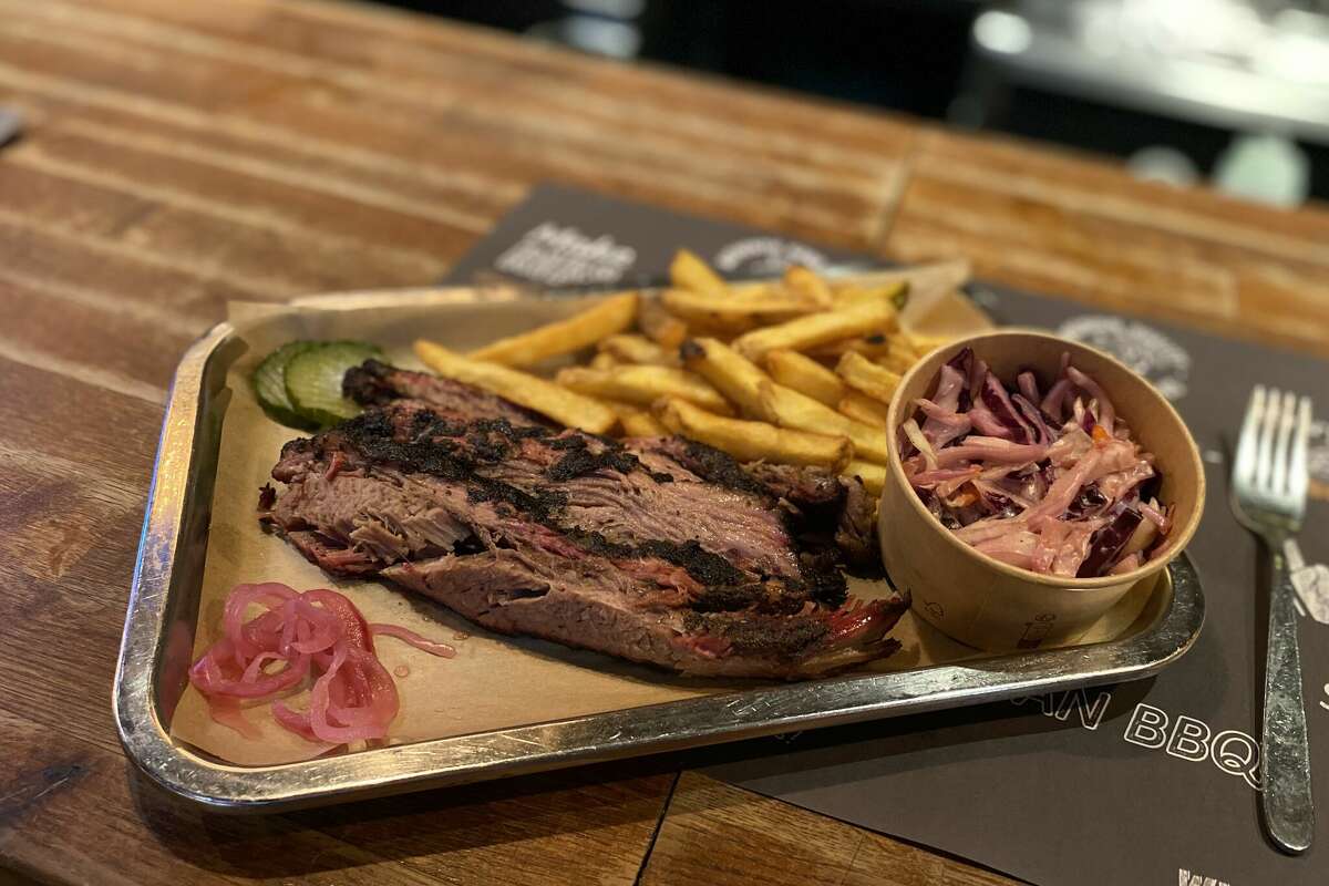 Brisket, fries and coleslaw at The Ranch Smokehouse in Barcelona, Spain.