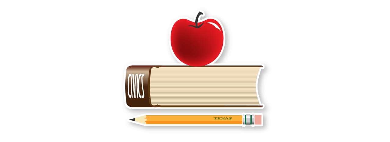 A cartoon drawing of an apple, a book and a pencil. 