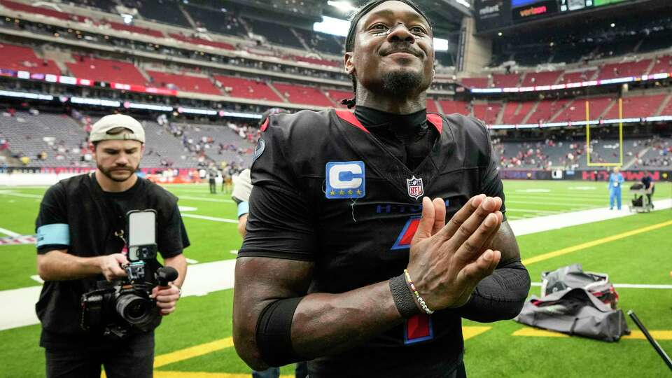 Houston Texans wide receiver Stefon Diggs (1) thanks the fans as he runs off the field celebrating the Texans 23-20 win over the Buffalo Bills in an NFL football game Sunday, Oct. 6, 2024, in Houston.