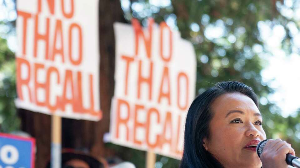 Embattled Oakland Mayor Sheng Thao addresses the media in front of a wall of supporters during a rally opposing her recall at the Rockridge BART station in Oakland, California, on Sunday, October 6, 2024. Facing accusations of increasing crime in her city, as well as a recent FBI investigation, the mayor is fighting to retain her seat in the November elections.