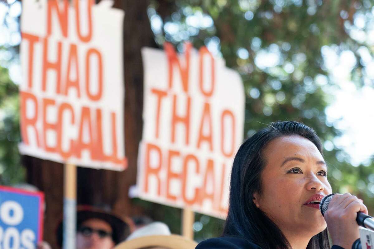 Embattled Oakland Mayor Sheng Thao addresses the media in front of a wall of supporters during a rally opposing her recall at the Rockridge BART station in Oakland, California, on Sunday, October 6, 2024. Facing accusations of increasing crime in her city, as well as a recent FBI investigation, the mayor is fighting to retain her seat in the November elections.