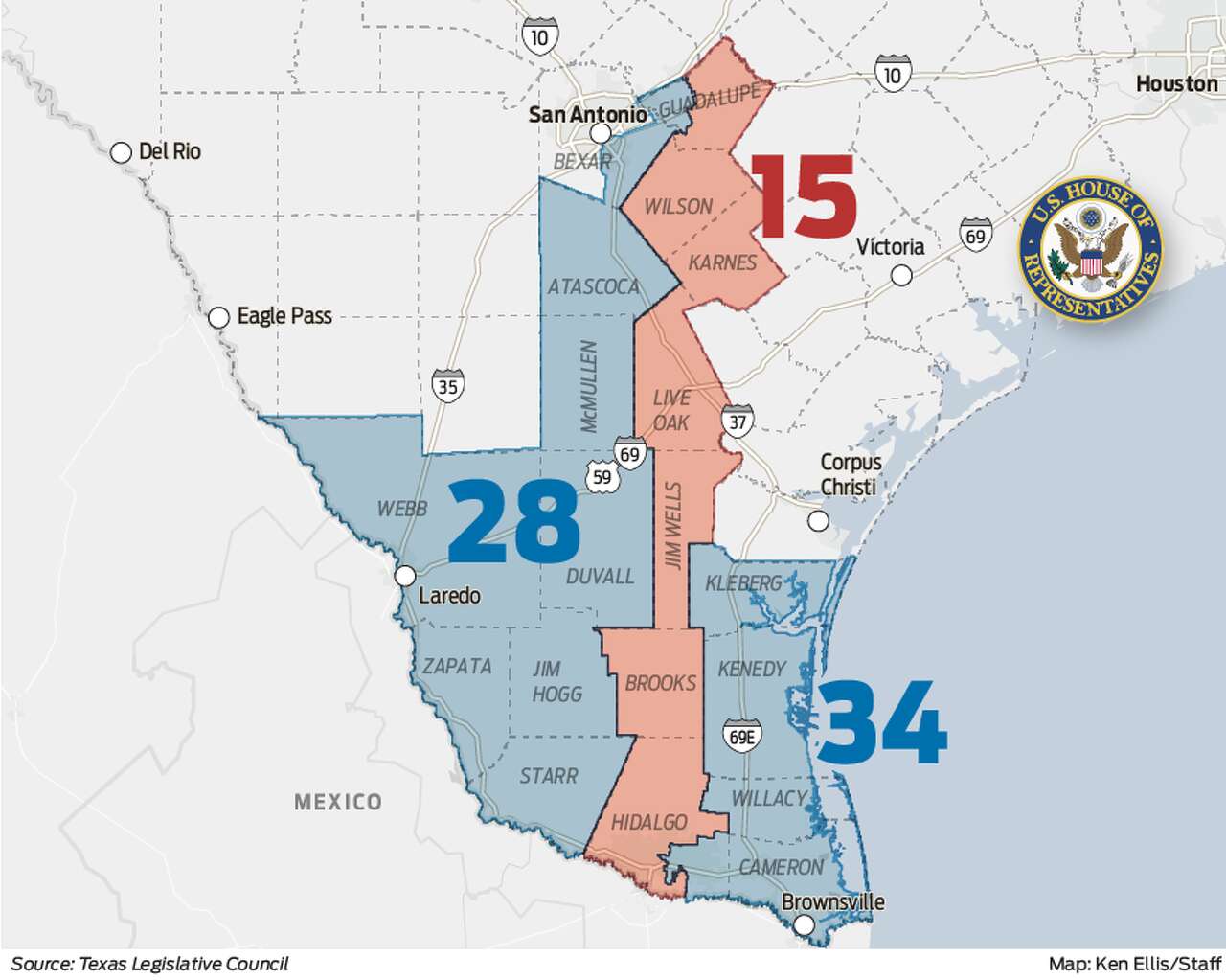 A map of Texas House Districts 28, 15 and 34 in South Texas. 