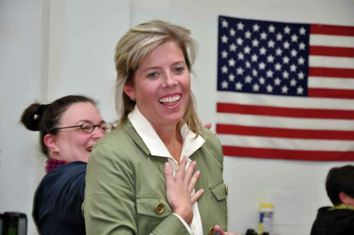 Kim Fawcett reacts on her victory over DeeDee Brandt for the 133 District at the Fairfield Democratic Headquarters on Tuesday, Nov. 2, 2010.