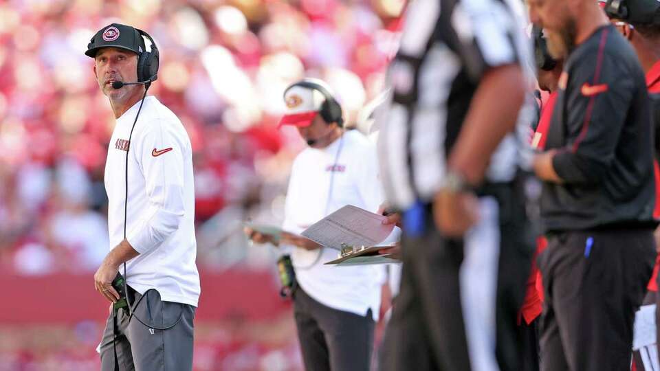 San Francisco 49ers’ head coach Kyle Shanahan looks at scoreboard in 4th quarter of Niners’ 24-23 loss to Arizona Cardinals in NFL game at Levi’s Stadium in Santa Clara, Calif., on Sunday, October 6, 2024.