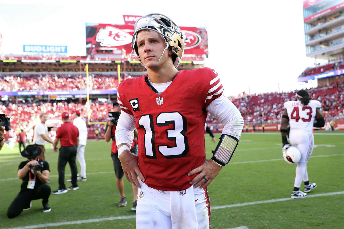 San Francisco 49ers' Brock Purdy stands on the field after 24-23 loss to Arizona Cardinals during NFL game at Levi's Stadium in Santa Clara, Calif., on Sunday, October 6, 2024.