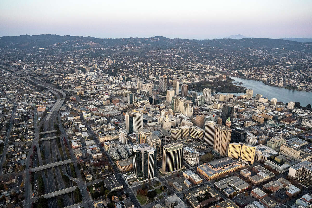 Helicopter point of view of downtown Oakland. California cityscapes.