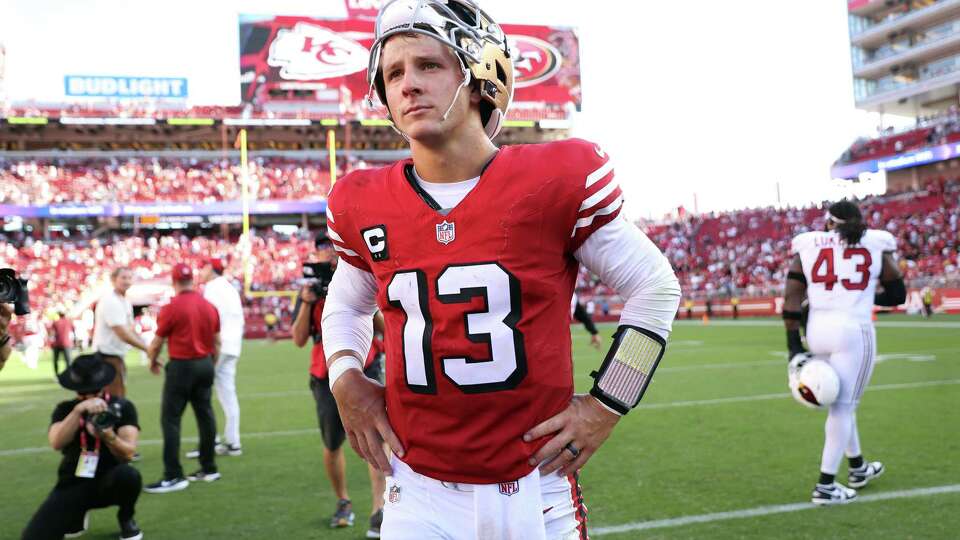 San Francisco 49ers’ Brock Purdy stands on the field after 24-23 loss to Arizona Cardinals during NFL game at Levi’s Stadium in Santa Clara, Calif., on Sunday, October 6, 2024.