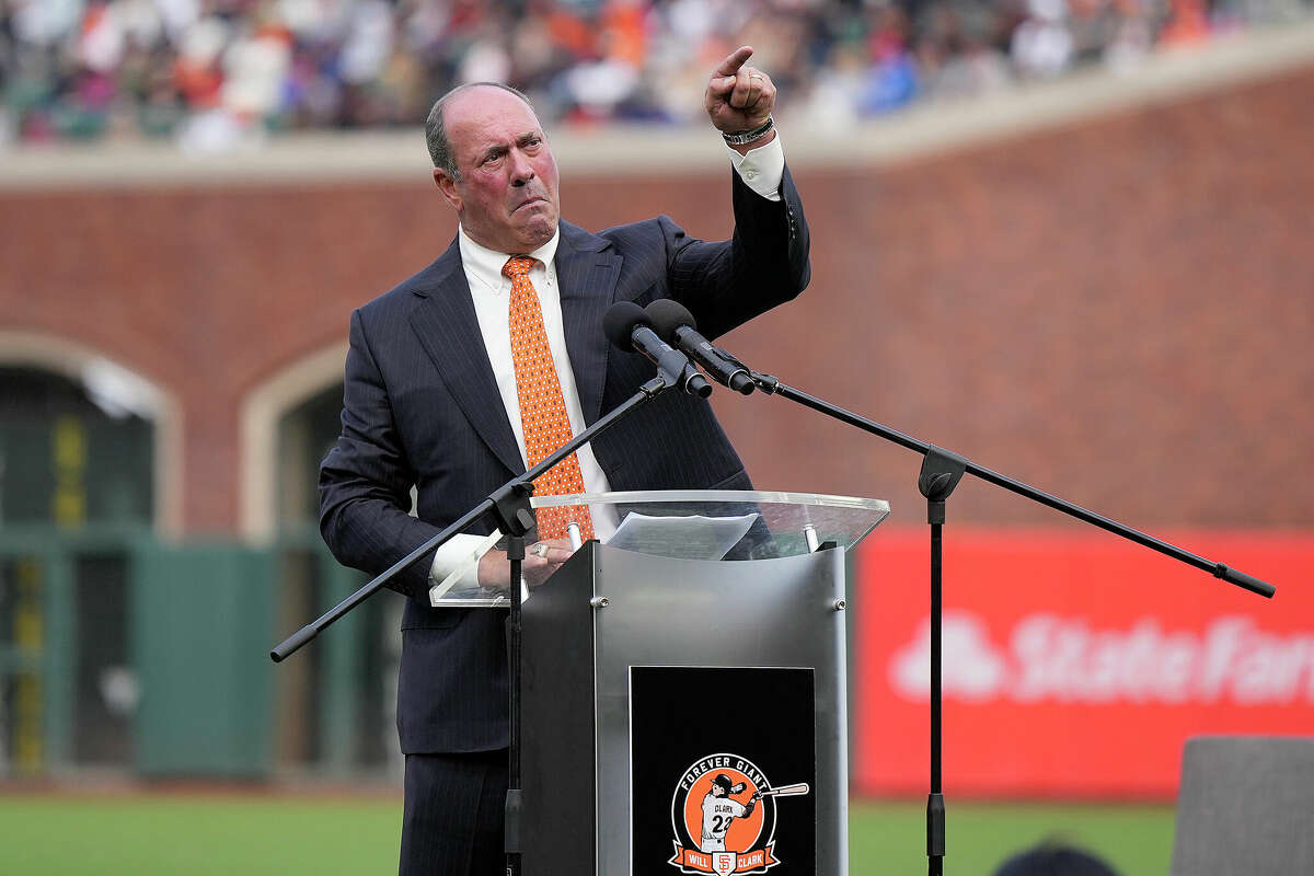 Former San Francisco Giants Will Clark speaks during the retirement of his #22 jersey prior to the start of the game against the Chicago Cubs at Oracle Park on July 30, 2022 in San Francisco.