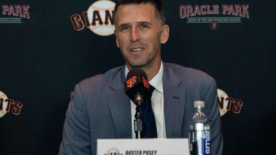 Former San Francisco Giants catcher Buster Posey speaks during a introductory press conference as the Giants’ president of baseball operations in San Francisco, Tuesday, Oct. 1, 2024.