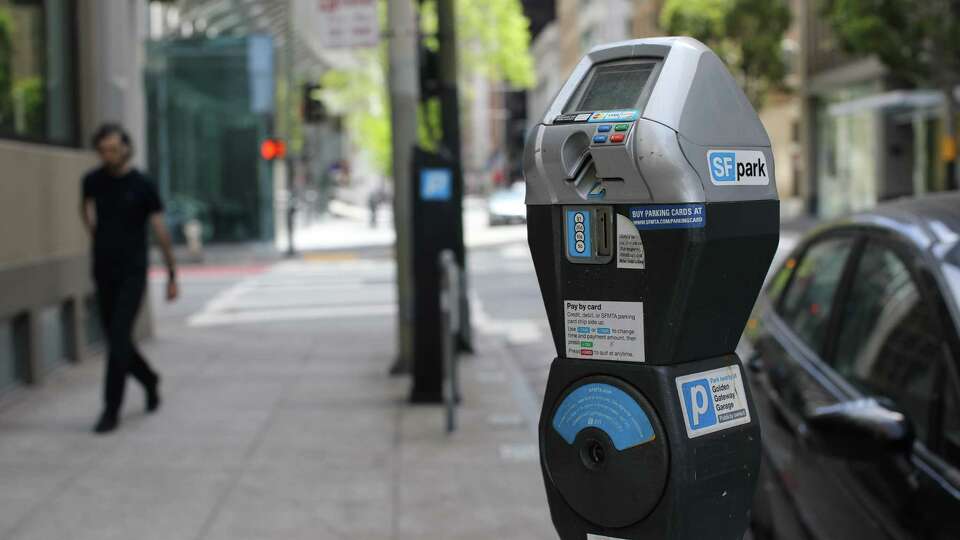 Detail of a parking meter on Sansome St. in the Financial District on Saturday, April 24, 2021, in San Francisco, Calif. This story will analyze parking meter data during the pandemic as a way to illustrate where people in San Francisco are driving to, and how new habits and attractions have formed throughout the pandemic. Our preliminary analysis shows that parking meters near outdoor attractions like Golden Gate Park (our Data Desk is focusing on data visualizations of blocks on Irving and Stanyan Streets near the edges of the park) are being utilized at or above pre-pandemic levels, while meters in downtown have seen steeper decreases in usage.