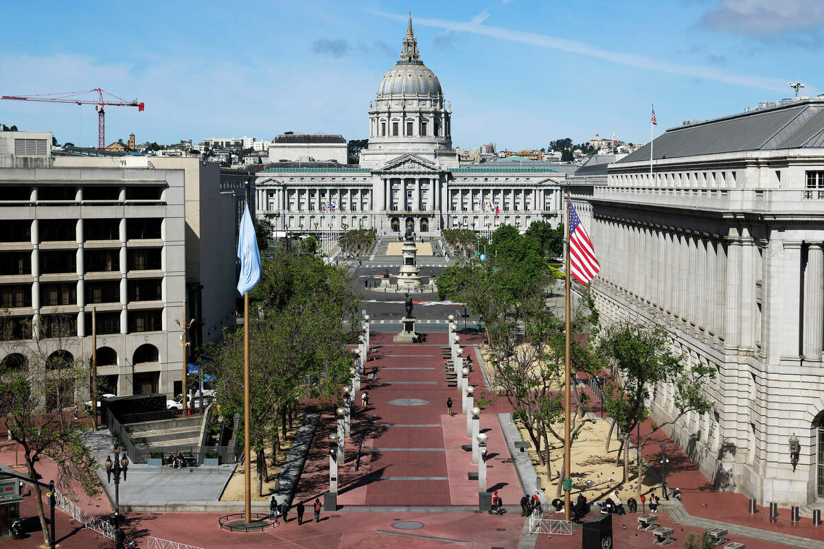 A view of City Hall from the roof of the Odd Fellows building built in 1908 sits on the corner of 7th and Market streets in San Francisco Monday, May 6, 2024.