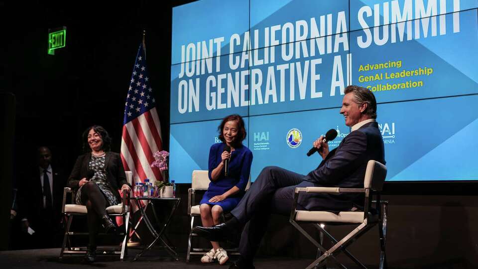 (L-r) Dean of UC Berkeley’s College of Computing Data Science and Society Jennifer Chayes, Co-director of Stanford Institute for human-centered Ai Fei-Fei Li, and Governor Gavin Newsom speak on stage at the joint California summit on generative Ai at the Commonwealth Club in San Francisco on Wednesday, May 29, 2024.