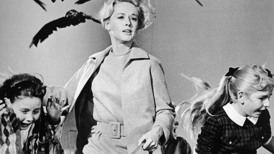 1963, American actor Tippi Hedren and a group of children run away from the attacking crows in a still from the film 'The Birds' directed by Alfred Hitchcock.