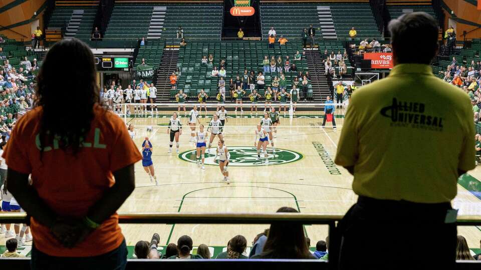 Workers monitor the NCAA Mountain West women’s volleyball game between the Colorado State University Rams and San Jose State University Spartans at Moby Arena in Fort Collins, Colo., on Thursday, Oct. 03, 2024.