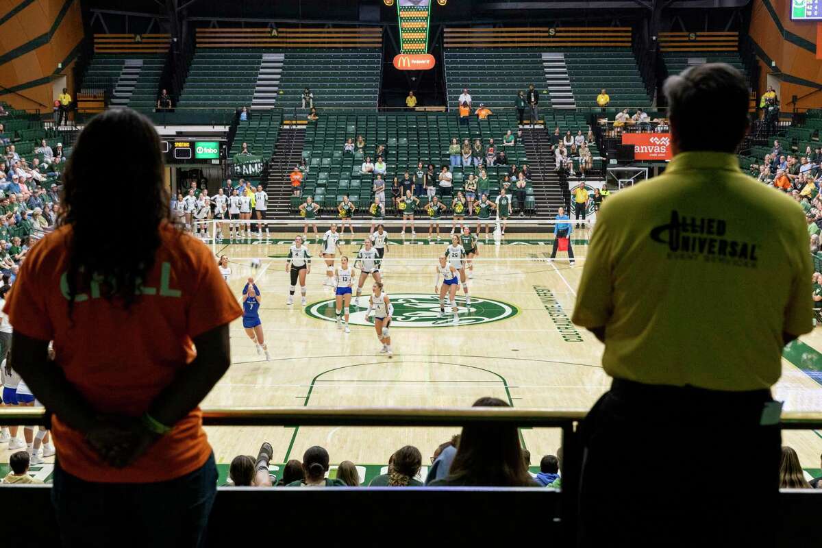 Workers monitor the NCAA Mountain West women’s volleyball game between the Colorado State University Rams and San Jose State University Spartans at Moby Arena in Fort Collins, Colo., on Thursday, Oct. 03, 2024.