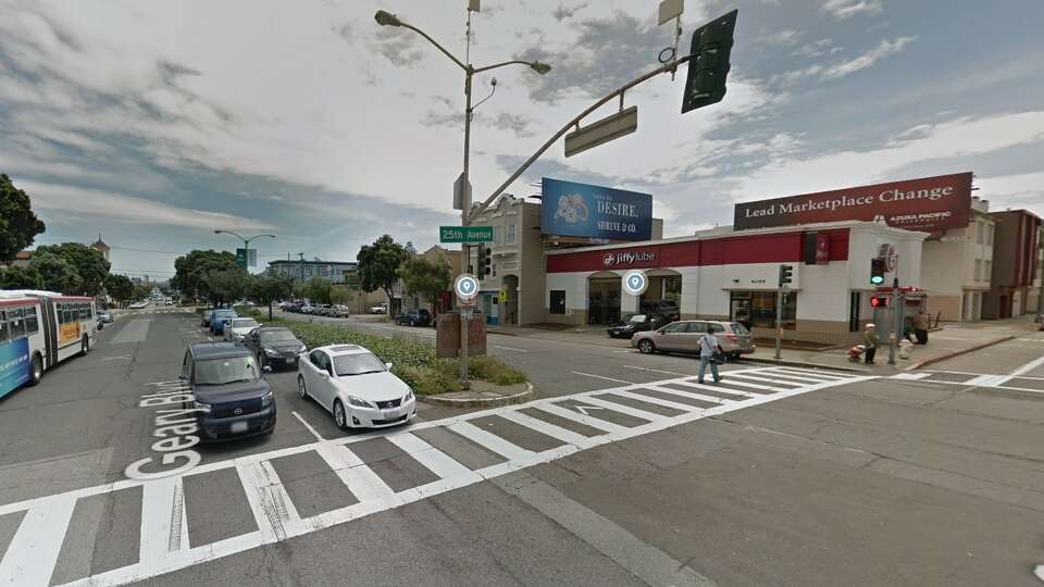 A 94-year-old pedestrian died on Oct. 4, 2024, two days after being hit by a driver at the intersection (shown here) of Geary Boulevard and 25th Avenue in San Francisco.