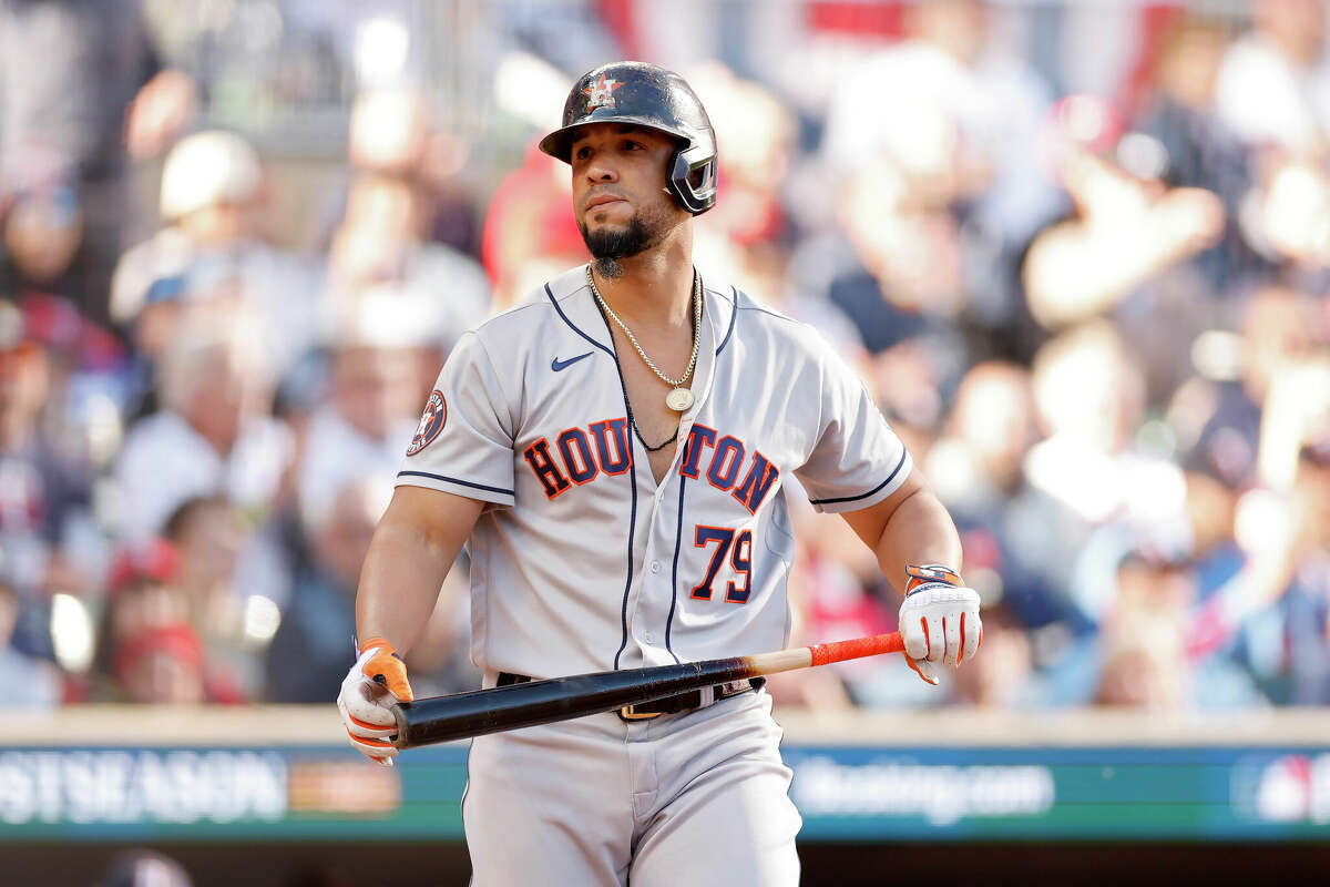 Jose Abreu #79 of the Houston Astros reacts after striking out in the third inning against the Minnesota Twins during Game Three of the Division Series at Target Field on October 10, 2023 in Minneapolis, Minnesota. 