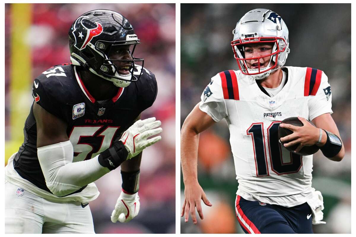 Houston's Will Anderson Jr. (left) could have a big day against rookie New England quarterback Drake Maye in Week 6.