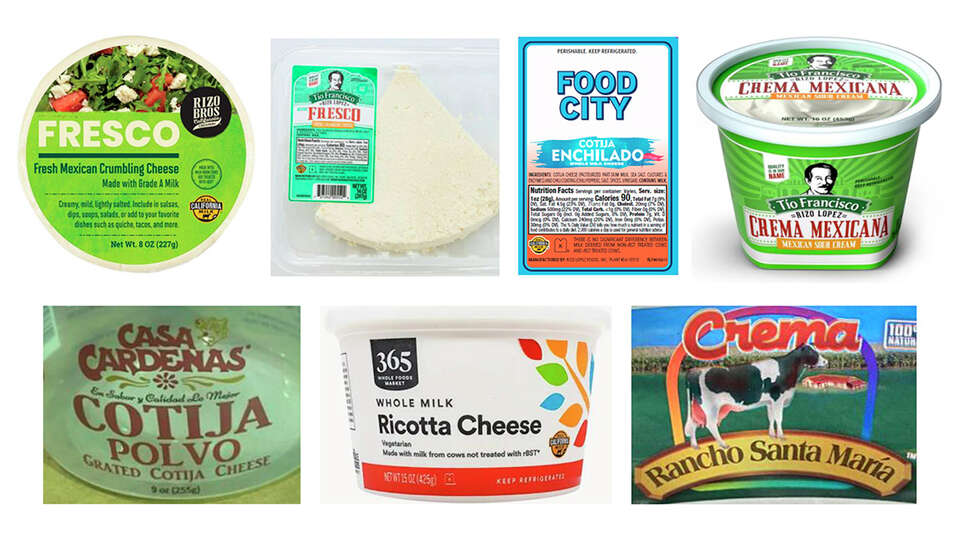 This image provided by the U.S. Centers for Disease Control and Prevention on Tuesday, Feb. 6, 2024 shows brands of cheese recalled due to a decade-long outbreak of listeria food poisoning that killed two people and sickened more than two dozen. New lab evidence linked soft cheeses and other dairy products made by Rizo-Lopez Foods of Modesto, Calif., to the outbreak, which was first detected in June 2014. (CDC via AP)