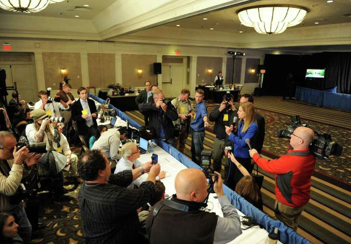Secretary of State Susan Bysiewicz, in blue jacket, speaks to the gathered media at Democratic U.S. Senate candidate Richard Blumenthal's capmaign party at the Hartford Hilton in Hartford, Conn. on Tuesday November 02, 2010.