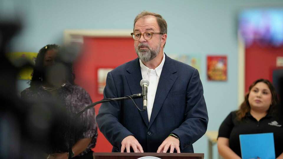 Children at Risk President and CEO Dr. Bob Sanborn speaks during a press conference in support of the HISD bond proposal Thursday, Oct. 10, 2024 at Benavidez Elementary School in Houston.