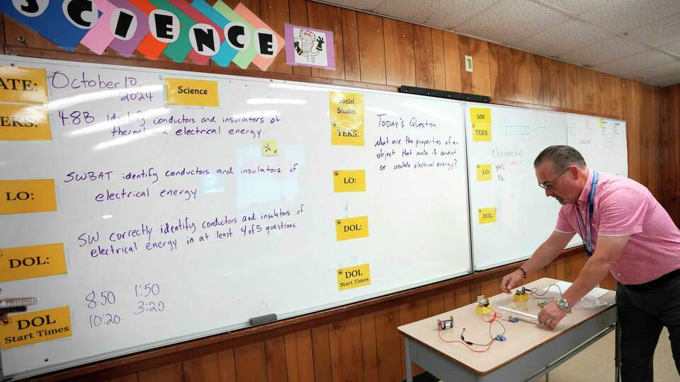 Teacher Samuel Shurtleff during a tour of Benavidez Elementary School on Thursday, Oct. 10, 2024, in Houston.