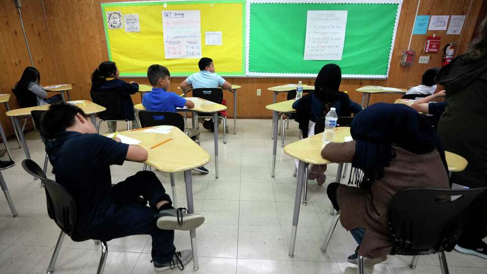 Students in the team center during a tour of Benavidez Elementary School on Thursday, Oct. 10, 2024, in Houston.