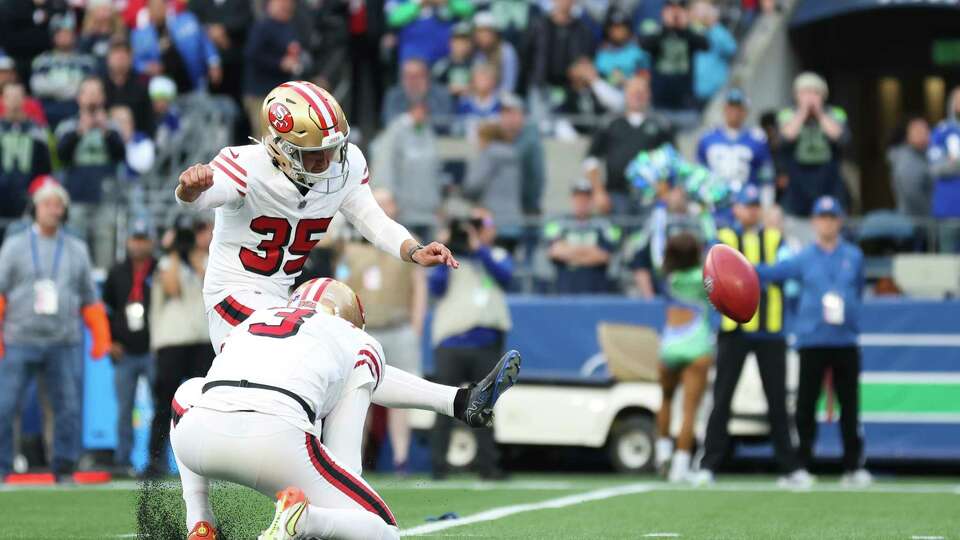 SEATTLE, WASHINGTON - OCTOBER 10: Matthew Wright #35 of the San Francisco 49ers kicks a field goal during the first quarter against the Seattle Seahawks at Lumen Field on October 10, 2024 in Seattle, Washington.