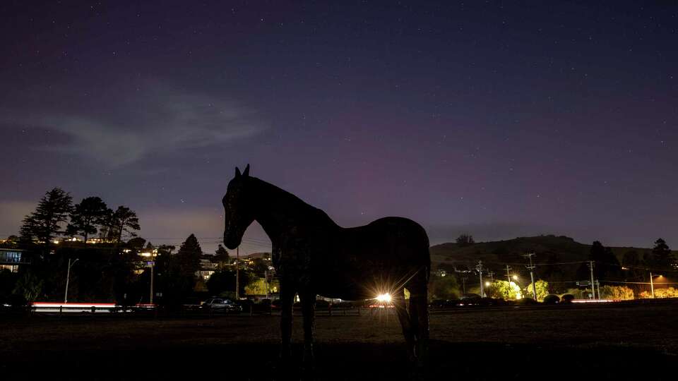 The Northern Lights glow above a horse statue at Blackie’s Pasture in Tiburon, Calif., Thursday, Oct. 10, 2024.