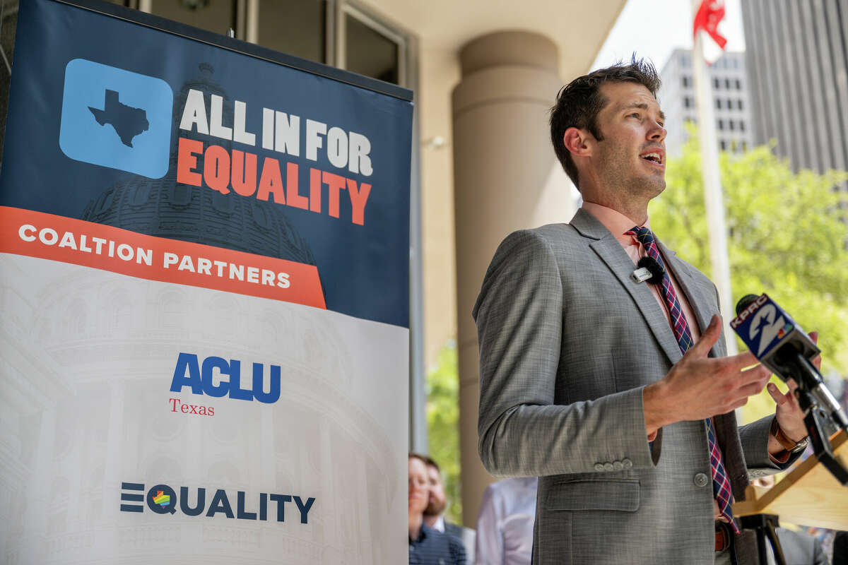 HOUSTON, TEXAS - AUGUST 29: Attorney Brian Klosterboer speaks during a news conference after a court hearing for Senate bill SB12 at the Bob Casey United States Courthouse on August 29, 2023 in Houston, Texas. The ACLU of Texas is representing local LGBTQ+ groups, businesses, and drag queen Brigitte Bandit in a lawsuit against state officials enforcing the bill. Among other claims, the lawsuit argues that the bill poses harm and unconstitutional censorship to several types of performers including Broadway plays, theater performances, cheerleading, and drag shows. (Photo by Brandon Bell/Getty Images)