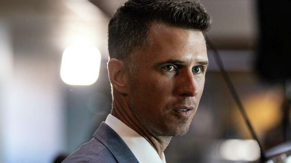 Former San Francisco Giants catcher Buster Posey speaks after a introductory press conference as the Giants’ president of baseball operations in San Francisco, Tuesday, Oct. 1, 2024.