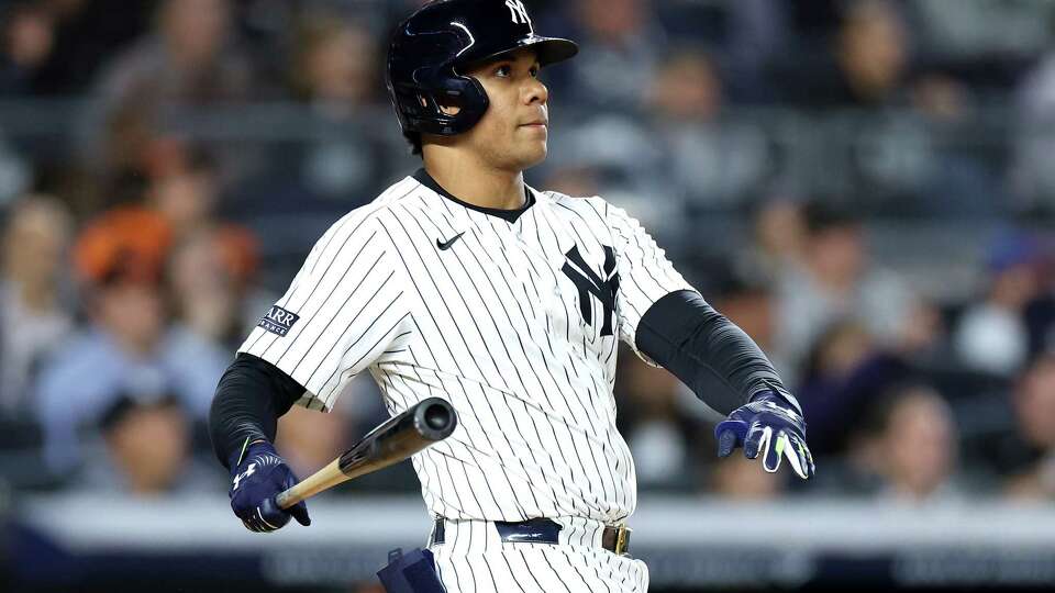 NEW YORK, NEW YORK - SEPTEMBER 25: Juan Soto #22 of the New York Yankees reacts after a two-run home run against the Baltimore Orioles during the fifth inning at Yankee Stadium on September 25, 2024 in the Bronx borough of New York City.